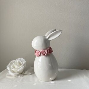 White Ceramic Bunny with Pink Rose Collar